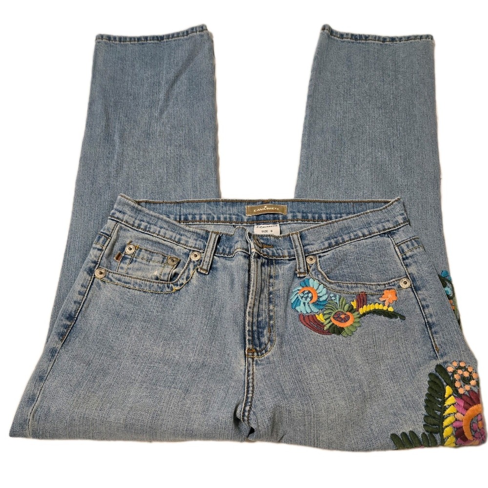 VTG Y2K Z Cavaricci Woman's Sz 8 Light Wash Elaborate Embroidered Jeans